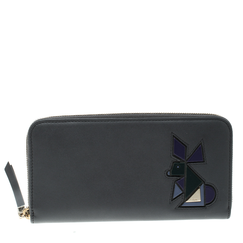 Tod's Black Leather Zip Around Rabbit Continental Wallet
