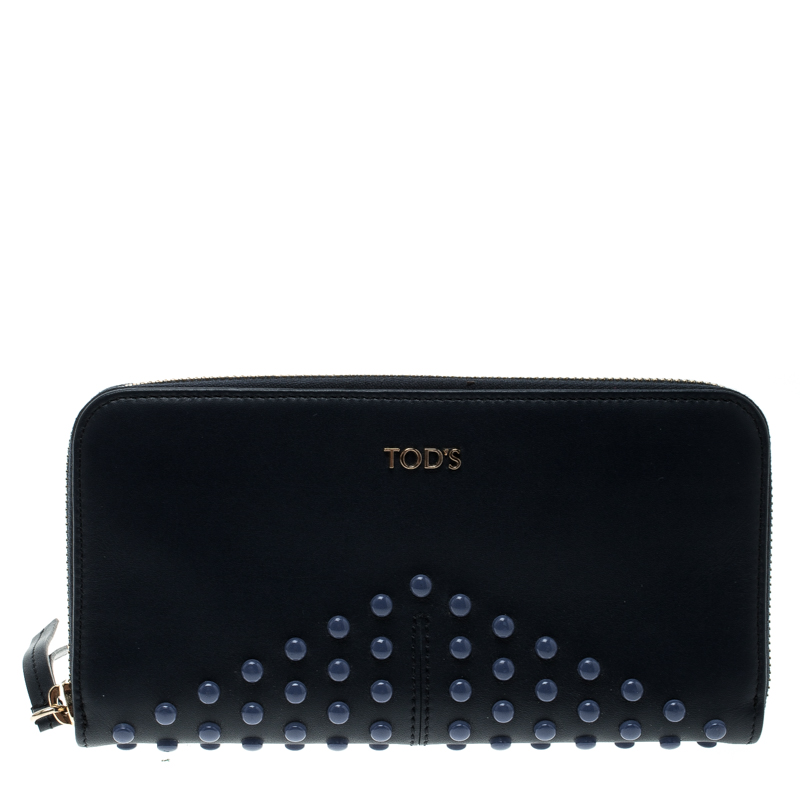Pre Owned Tod's Navy Blue Leather Zip Around Studded Continental Wallet