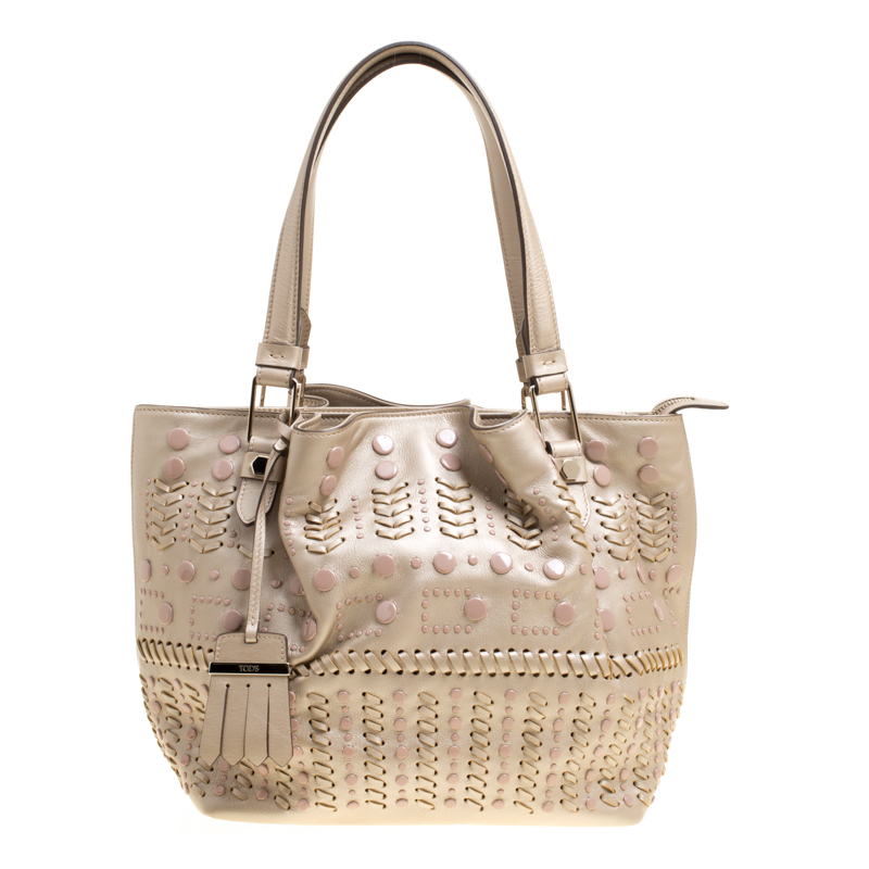 Tod's Metallic Beige Leather Small Studded Flower Tote Tod's | TLC