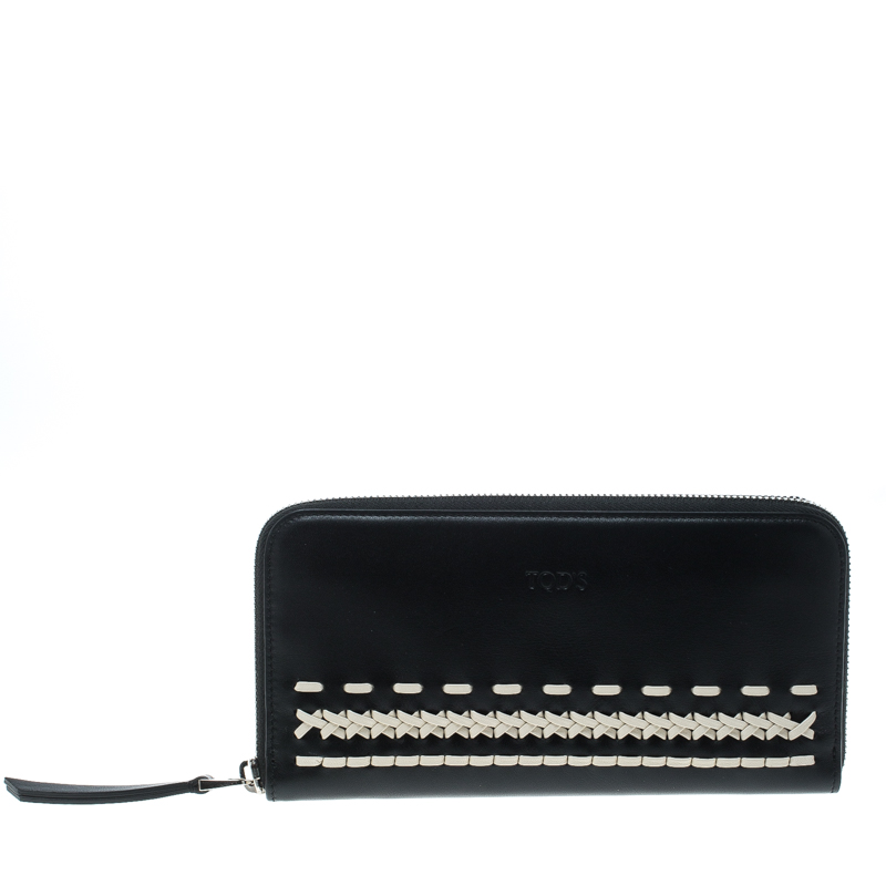 Pre Owned Tod's Black/White Woven Detail Leather Zip Around Wallet
