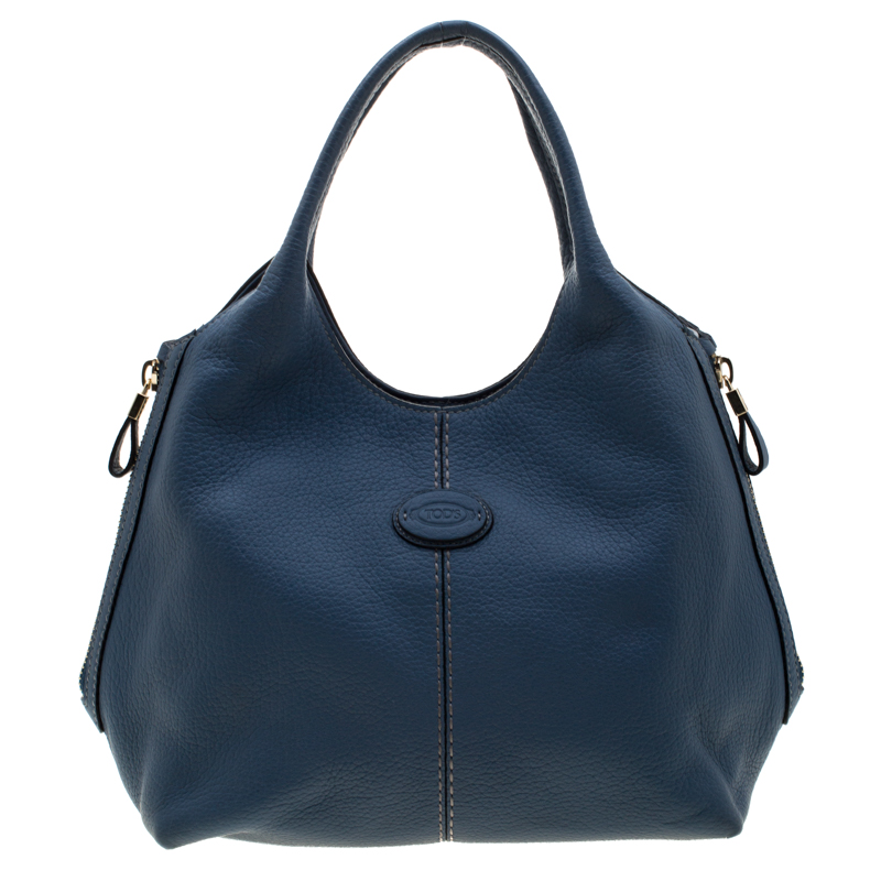 Tod's Teal Blue Pebbled Leather Zip Tote