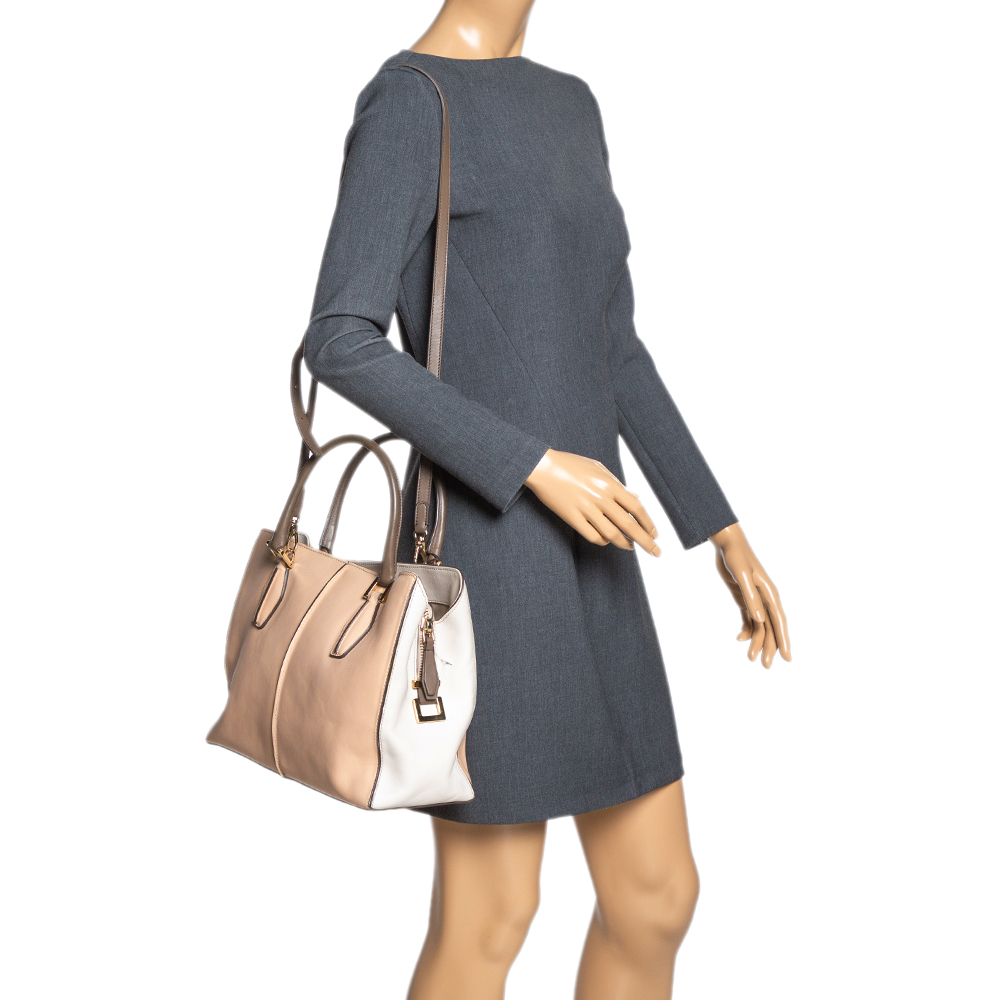 

Tod's Tri Color Leather Medium D-Cube Tote, Beige