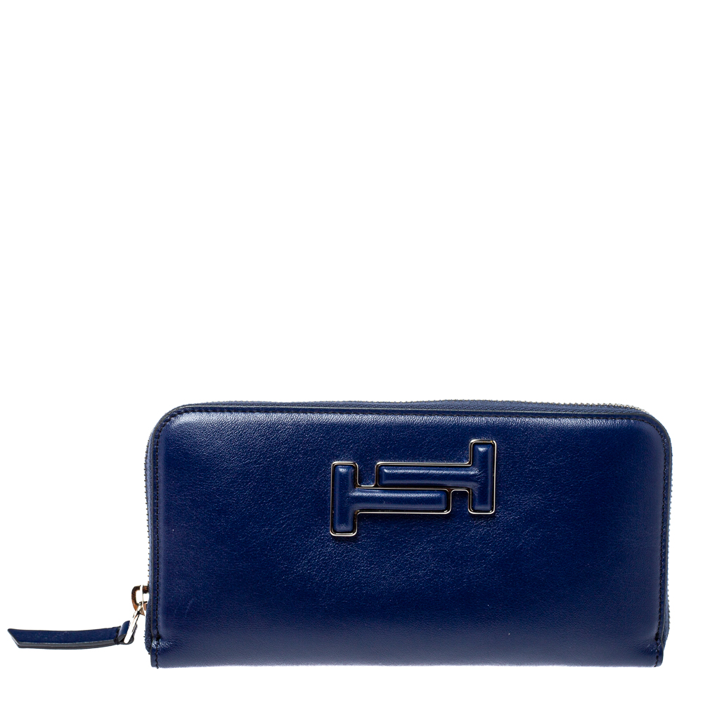 Pre Owned Tod's Blue Leather Double T Zip Around Continental Wallet