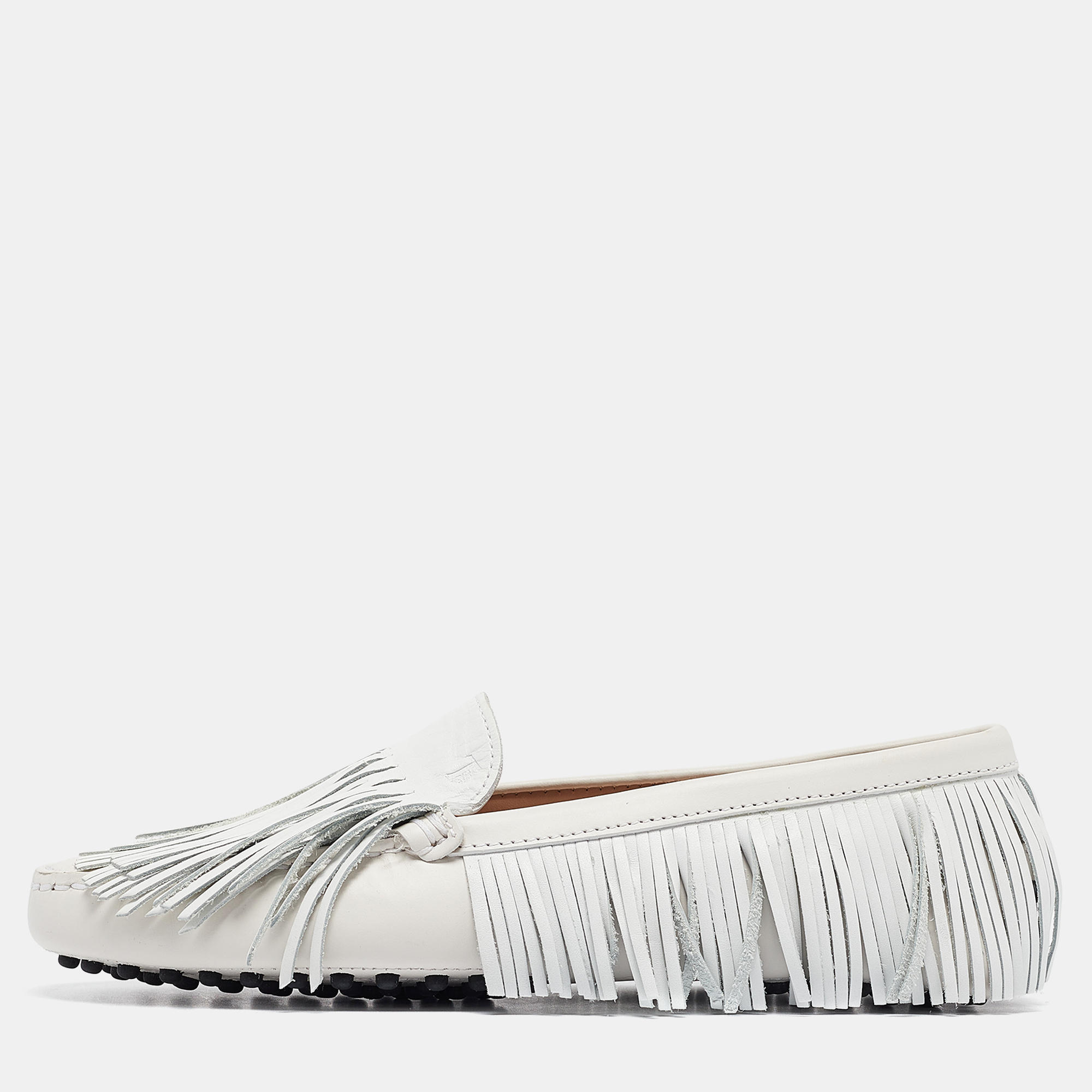 

Tod's White Leather Fringed Loafers Size