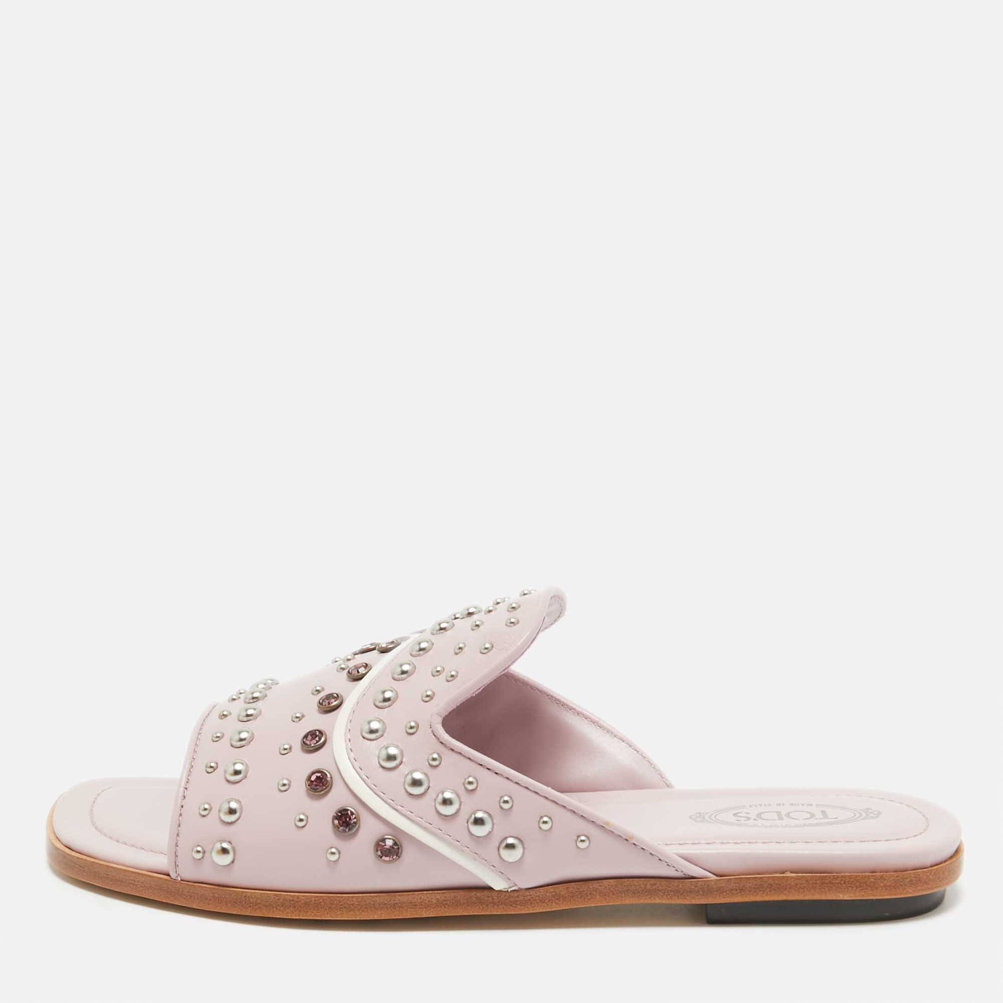 

Tod's Purple Leather Crystal Embellished Flat Slides Size