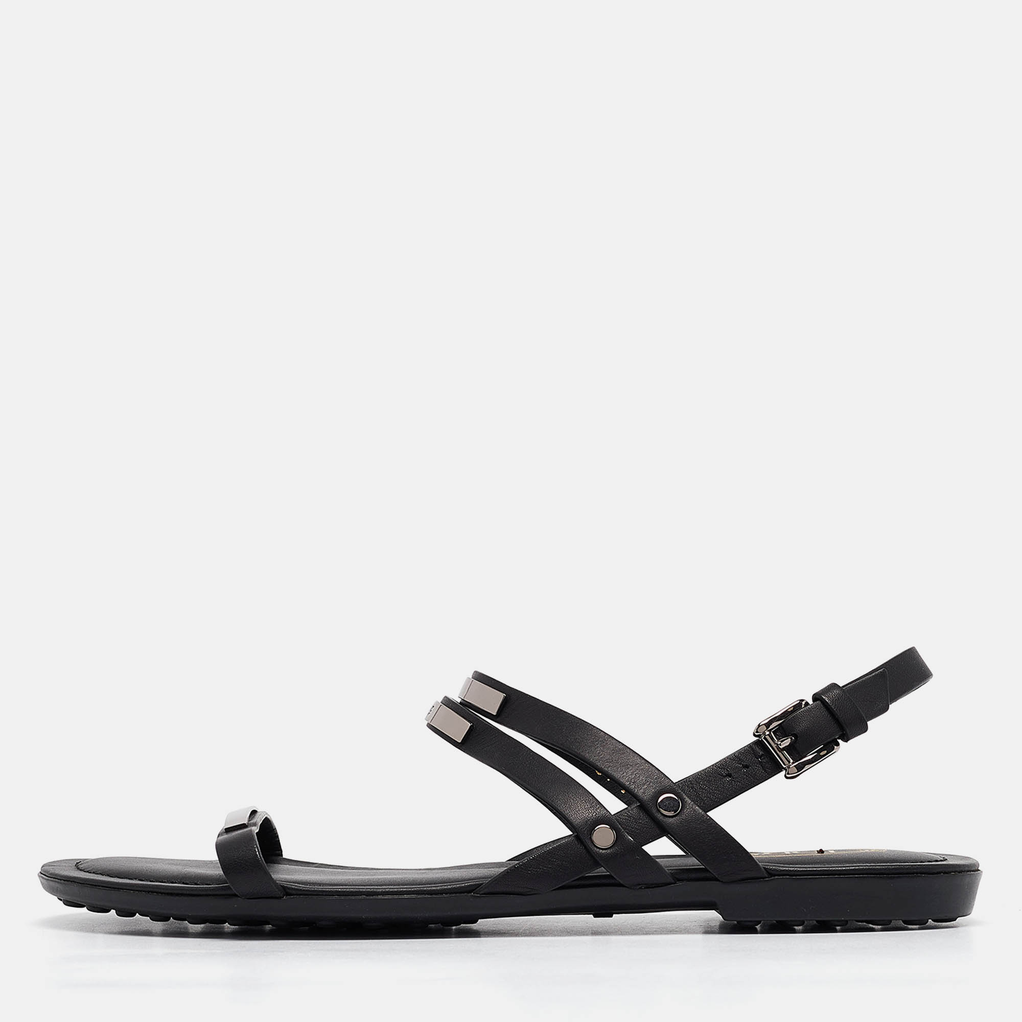 

Tod's Black Leather Strappy Flat Sandals Size