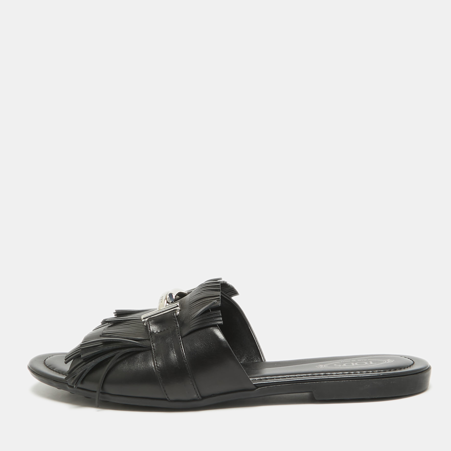 

Tod's Black Leather Fringed Double T Buckle Flat Slides Size