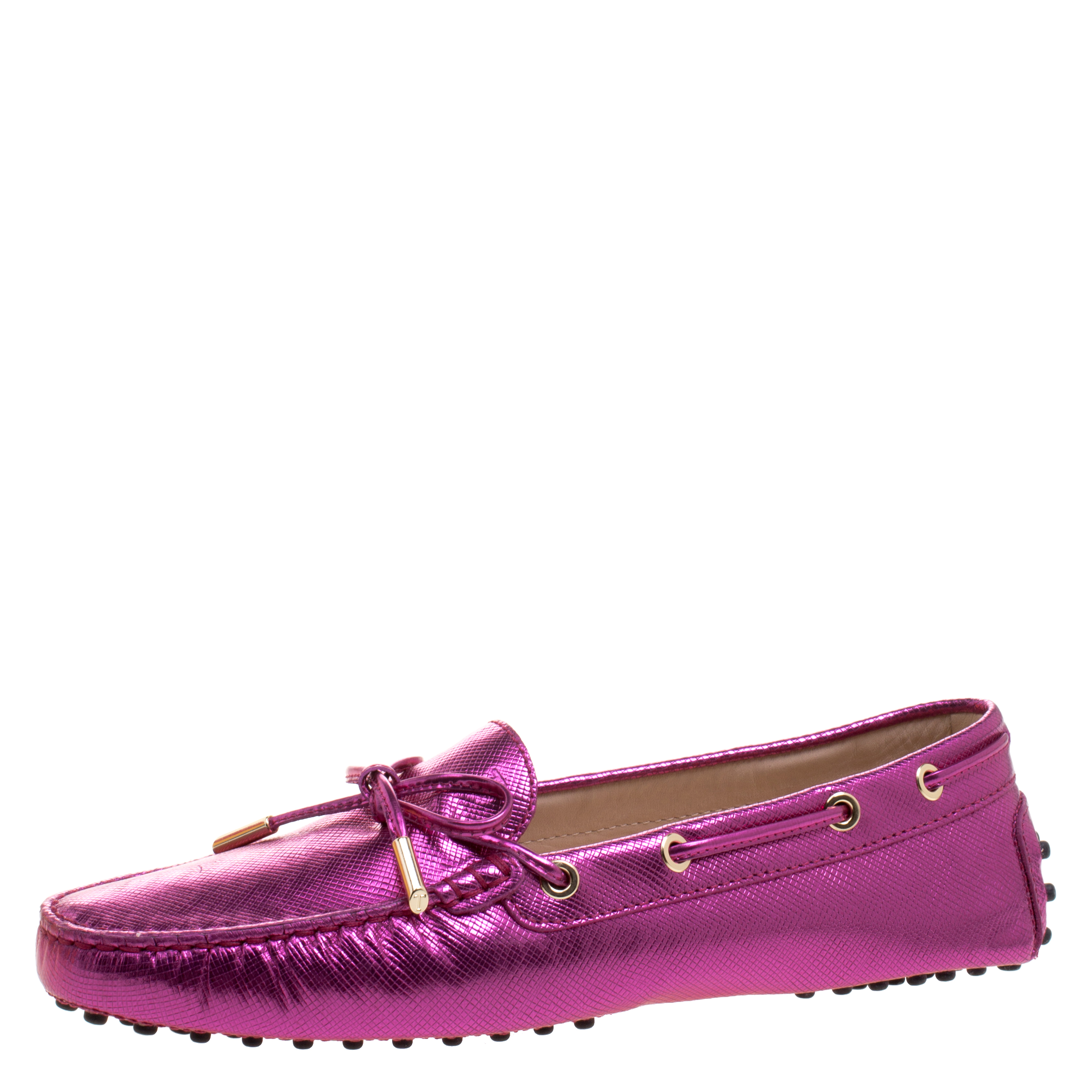 Pre Owned Tod's Pink Metallic Leather Bow Loafers Size 40