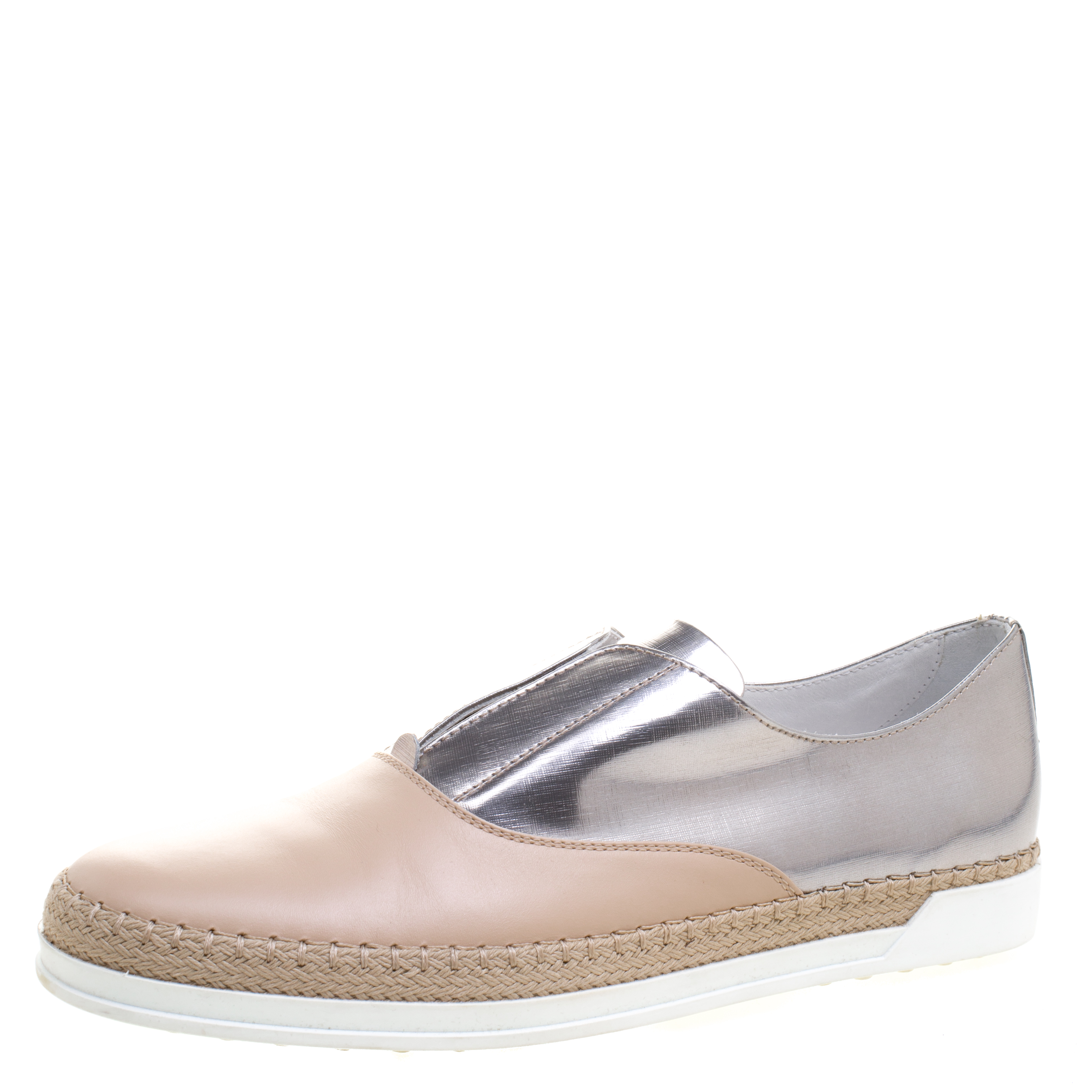 Tod's Metallic Silver and Blush Pink Leather Francesina Slip On Espadrille Sneakers Size 40