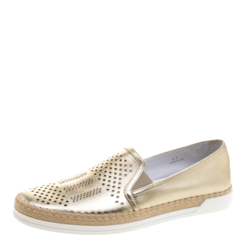 Pre Owned Tod's Metallic Light Gold Laser Cut Leather Espadrille Slip On Sneakers Size 41
