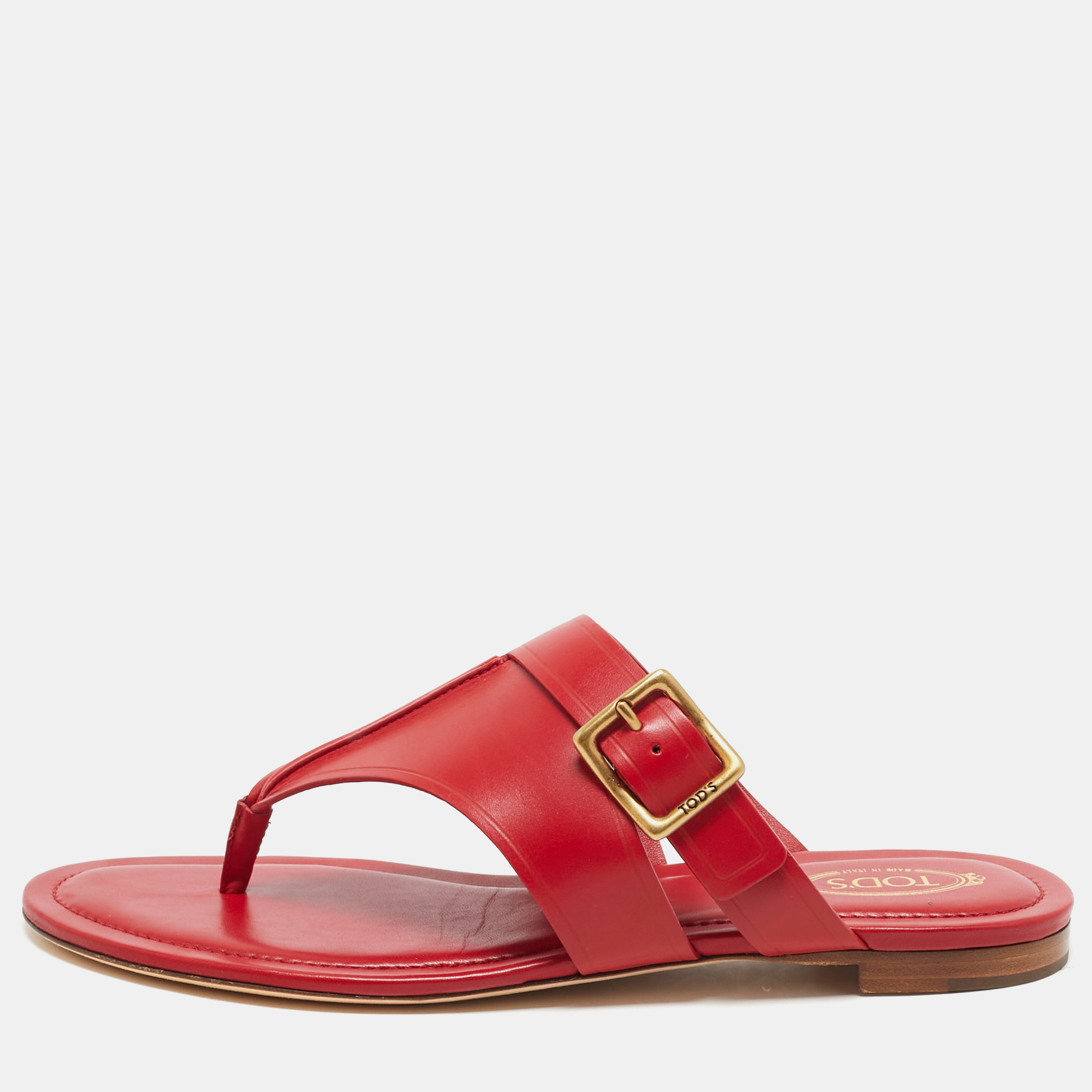 

Tod's Red Leather Buckle Detail Thong Flats Size