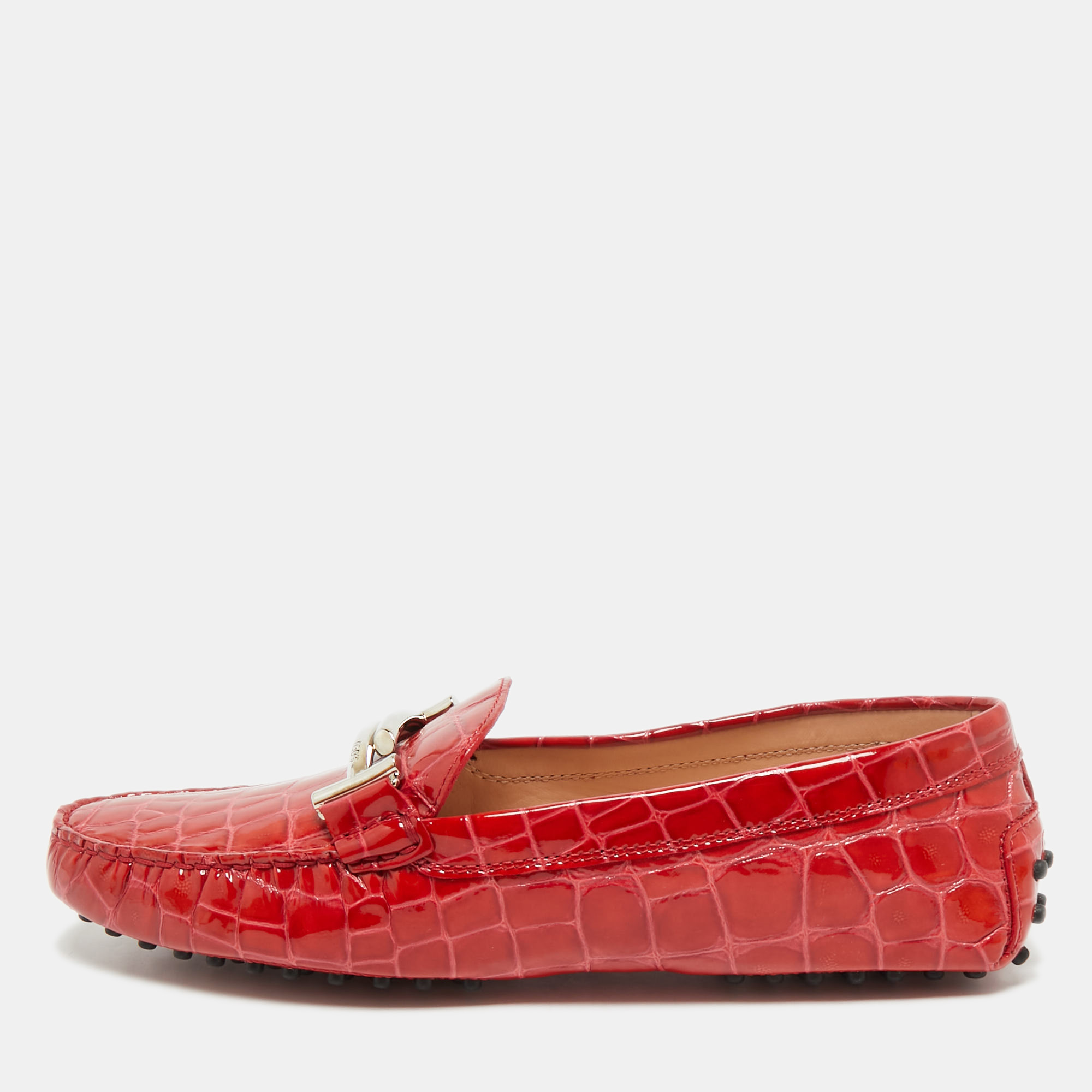 

Tod's Red Croc Embossed Patent Leather Double T Loafers Size