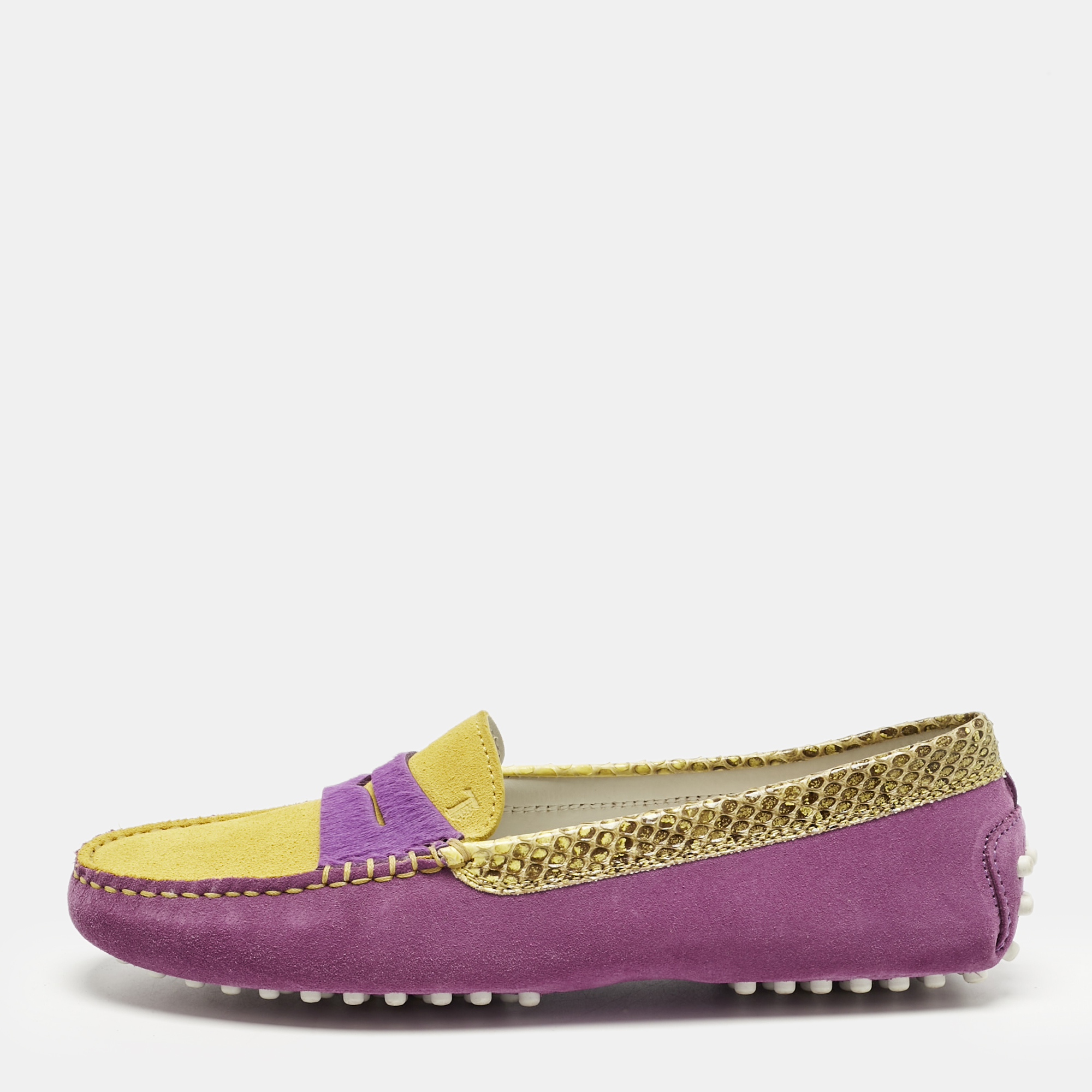 

Tod's Purple/Yellow Suede and Snakeskin Leather Loafers Size