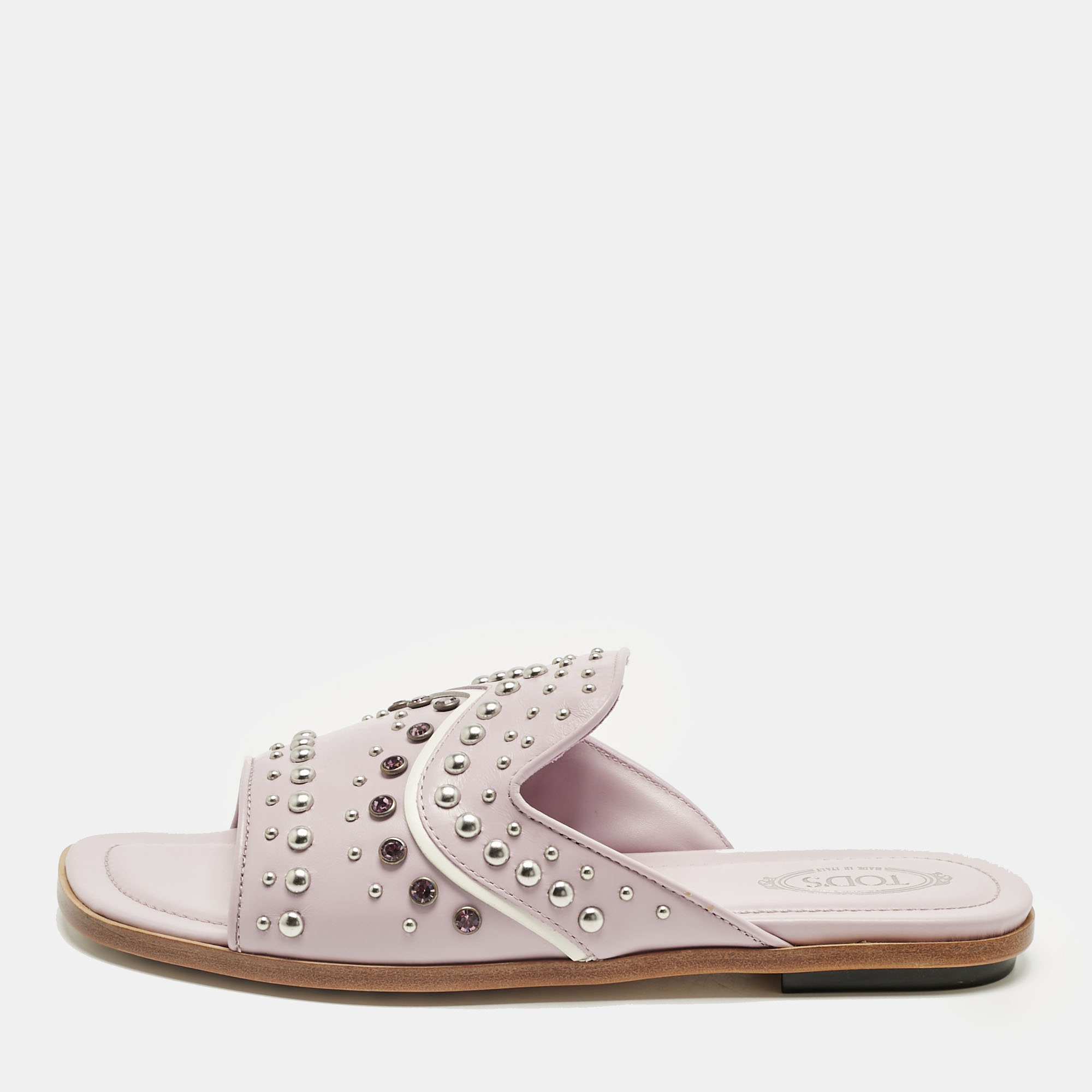 Pre-owned Tod's Lilac Leather Crystal Embellished Flat Slides Size 37.5 In Purple