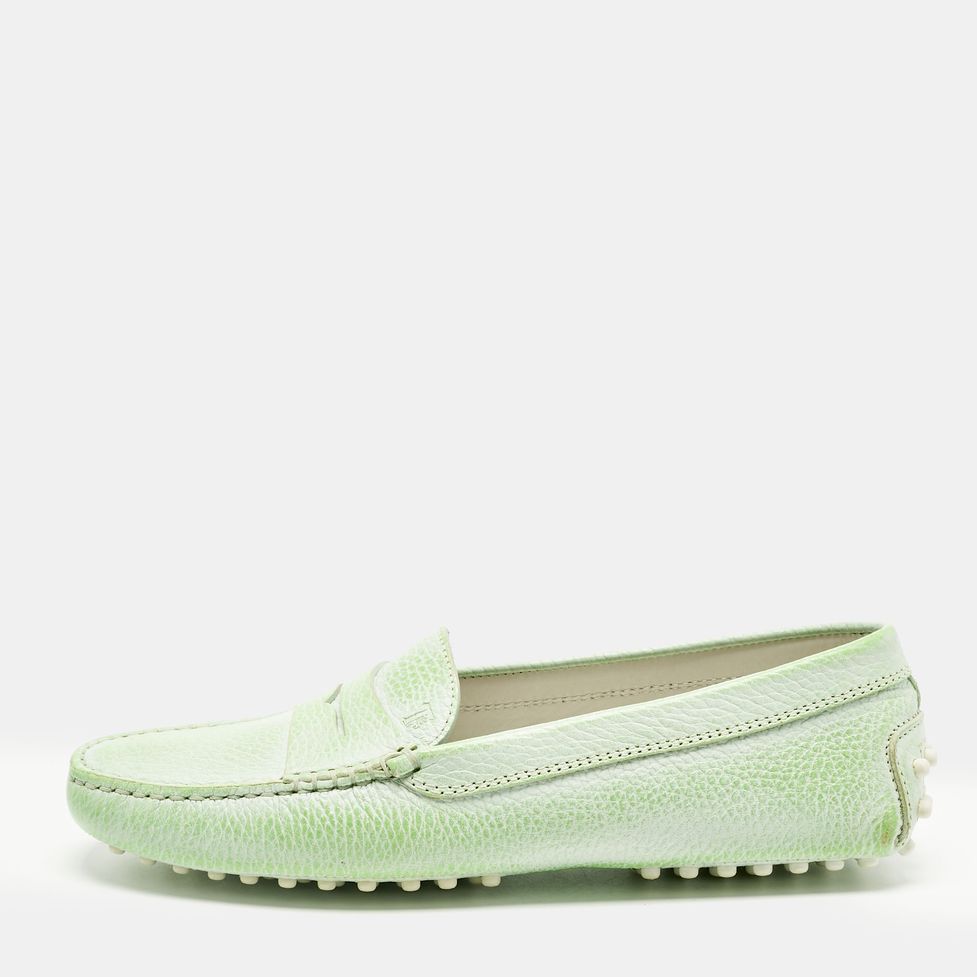 Pre-owned Tod's Green Leather Gommino Driving Loafers Size 37.5