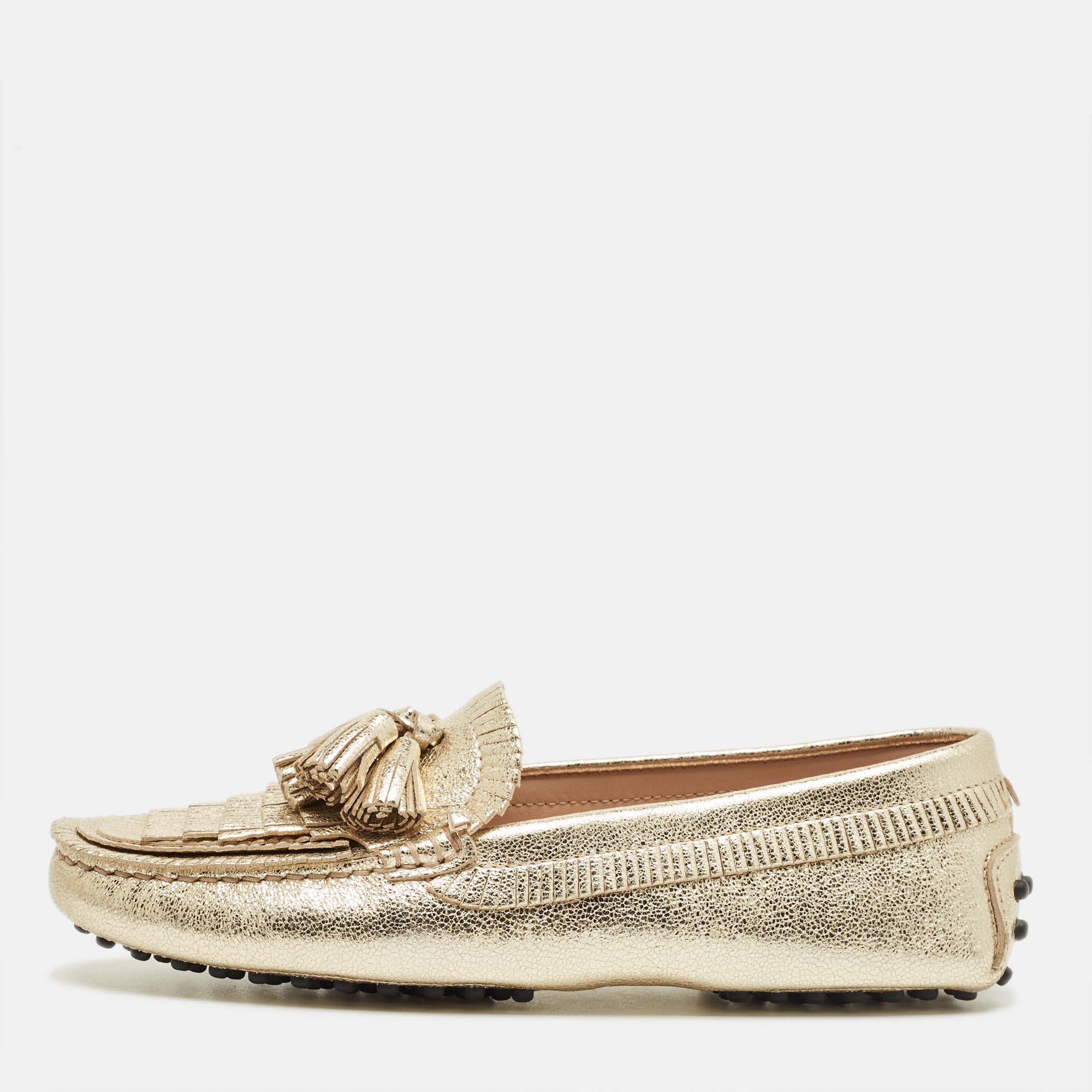 Pre-owned Tod's Gold Leather Tassel Bow Fringe Driver Loafers Size 36