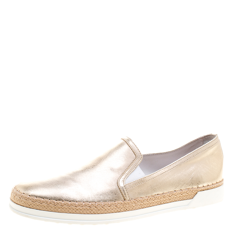 Tod's Metallic Gold Leather Pantofola Espadrille Slip On Sneakers Size 40.5
