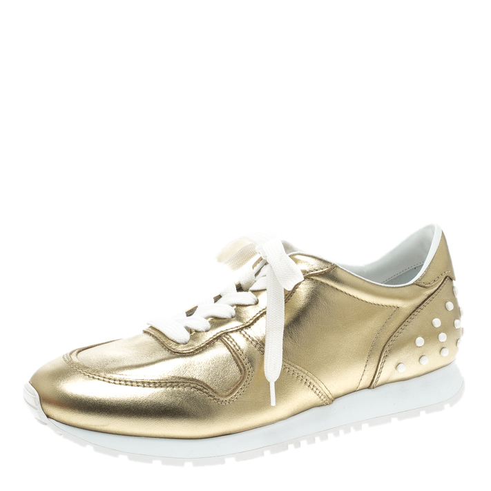 Tod's Metallic Gold Leather Allaciata Studded Sneakers Size 39