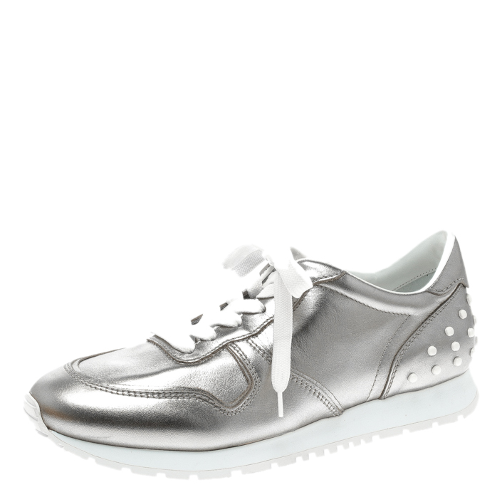 Pre Owned Tod's Metallic Silver Leather Allaciata Studded Sneakers Size 39.5