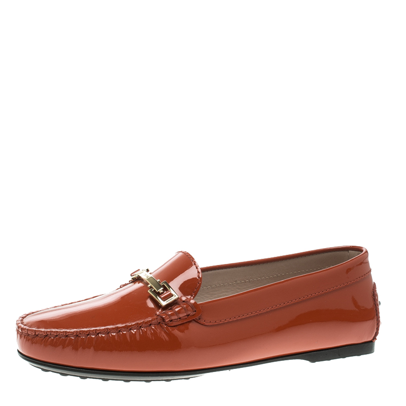 Pre Owned Tod's Orange Patent Leather Horsebit Loafers Size 38.5