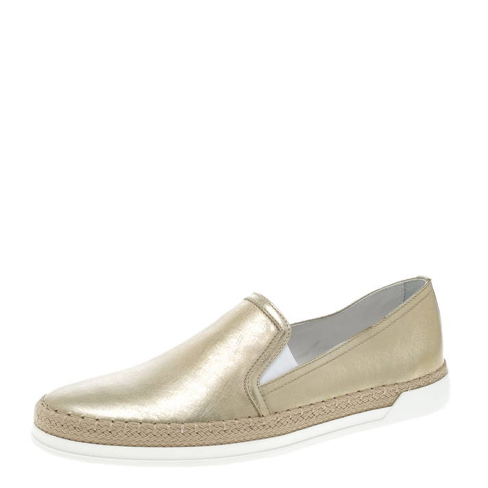 Tod's Metallic Gold Leather Pantofola Espadrille Slip On Sneakers Size 37.5