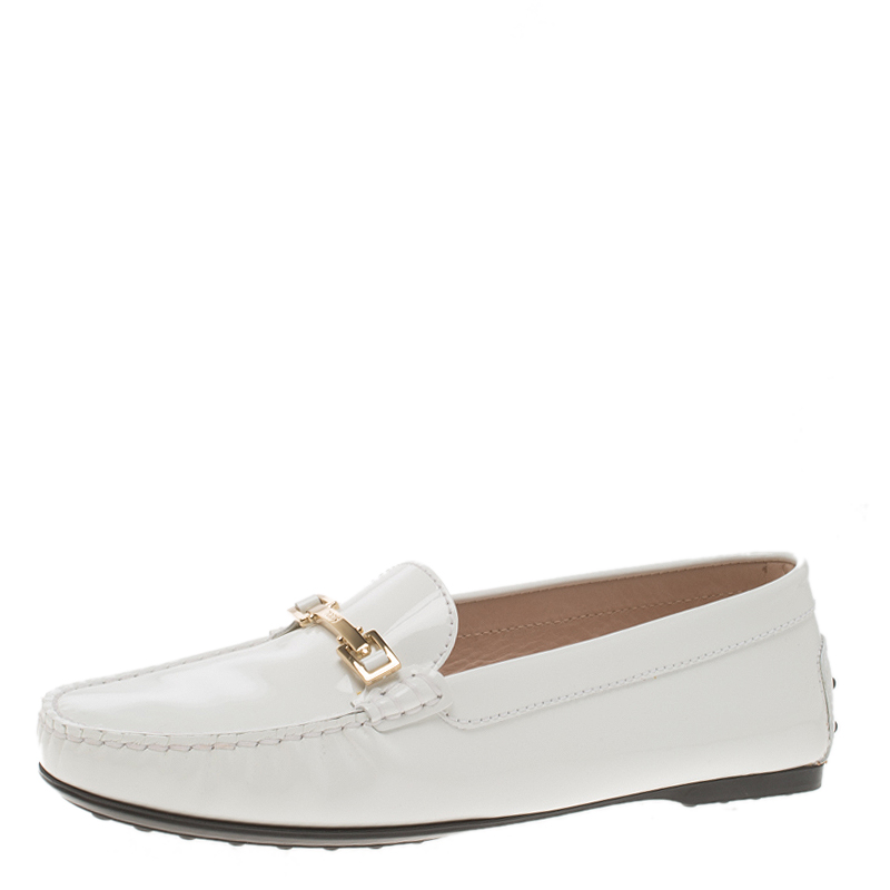 Tod's White Patent Leather Horsebit Loafers Size 40