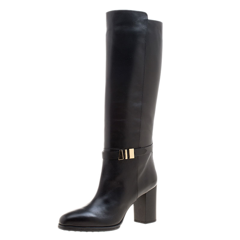 Tod's Black Leather Block Heel Buckle Tall Boots Size 39.5