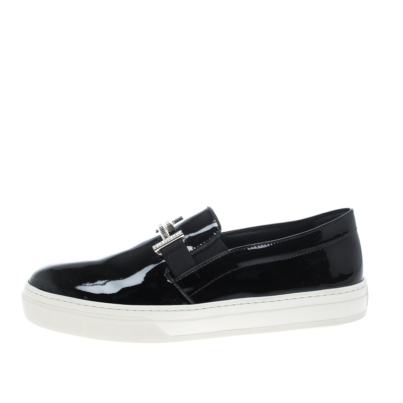 

Tod's Black Patent Leather Sportivo Maxi Crystal Double T Slip On Sneakers Size