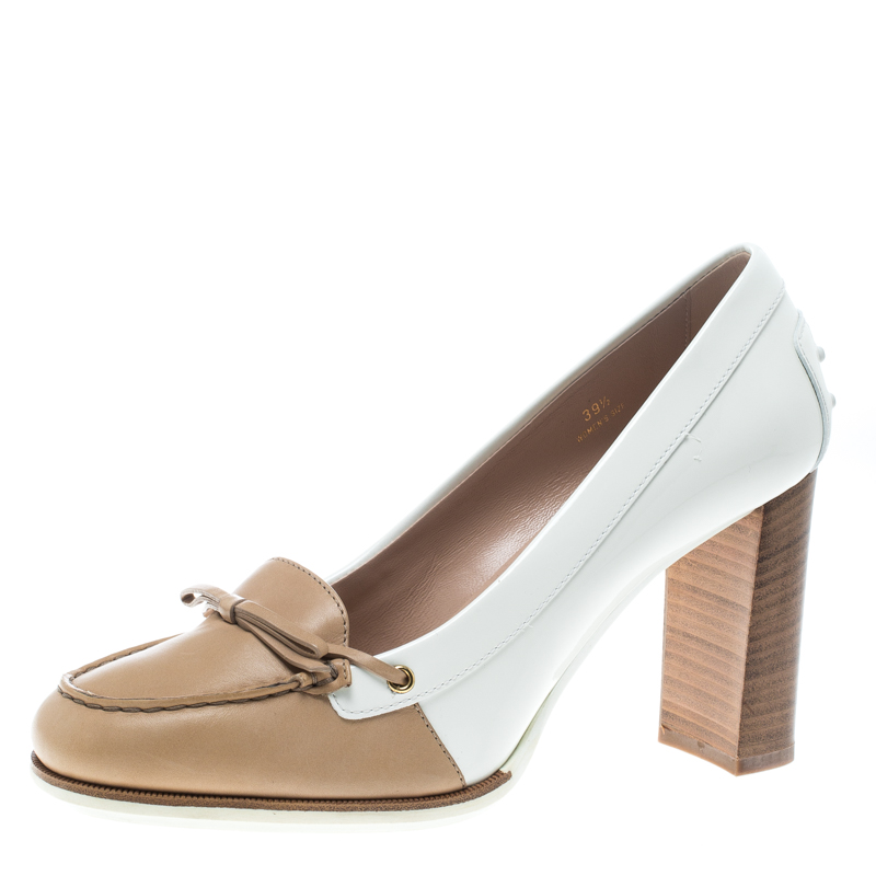 Pre Owned حذاء كعب عالي تودز لوفرز فيونكة جلد لونين مقاس 39.5