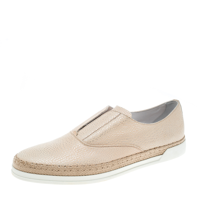 Tod's Beige Textured Leather Francesina Espadrille Slip On Sneakers Size 39.5