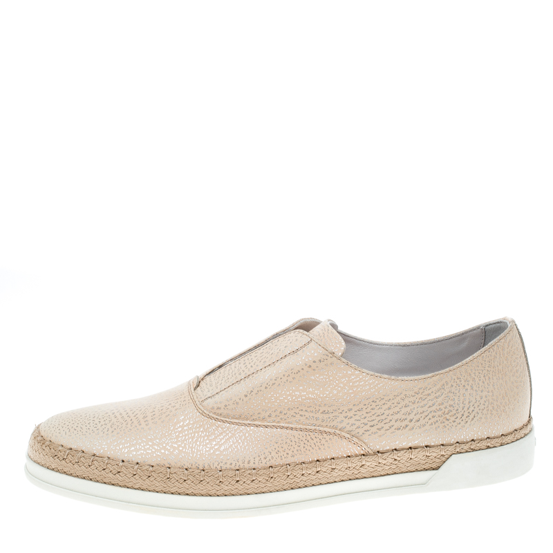 

Tod's Beige Textured Leather Francesina Espadrille Slip On Sneakers Size
