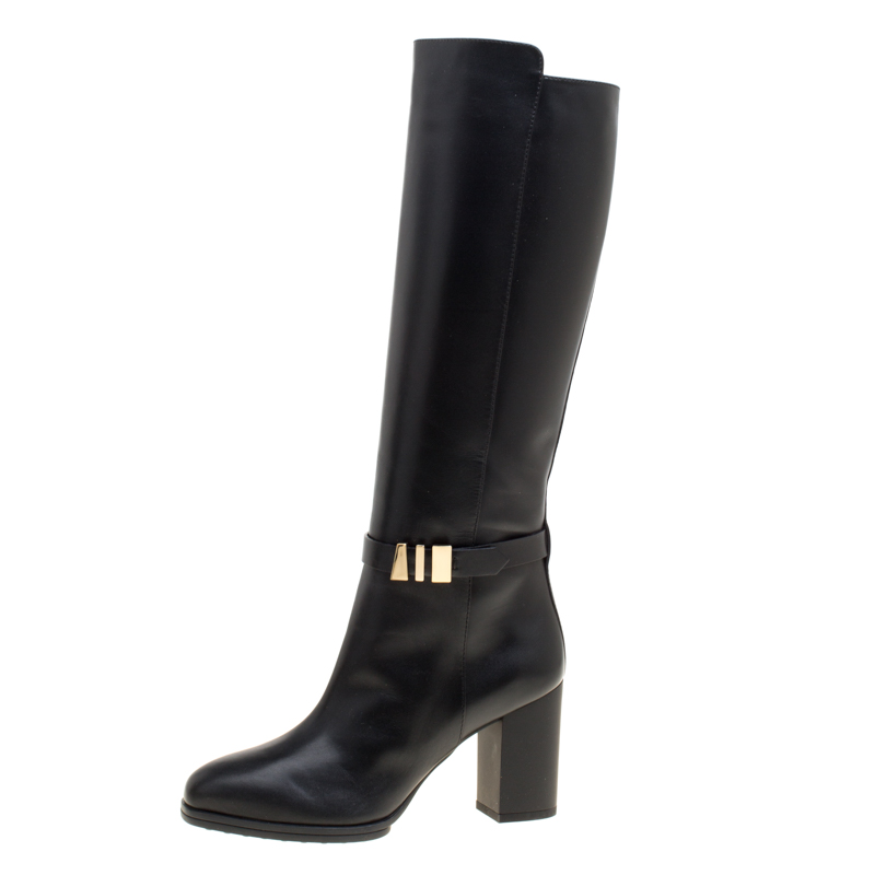

Tod's Black Leather Block Heel Buckle Tall Boots Size