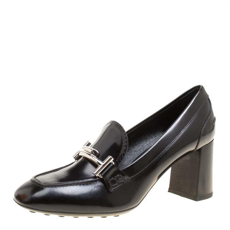 Pre Owned Tod's Black Leather Gomma Maxi Double T Court Loafer Pumps Size 38