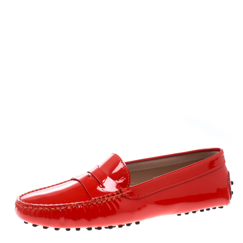 Pre Owned Tod's Neon Red Patent Leather Penny Loafers Size 39.5