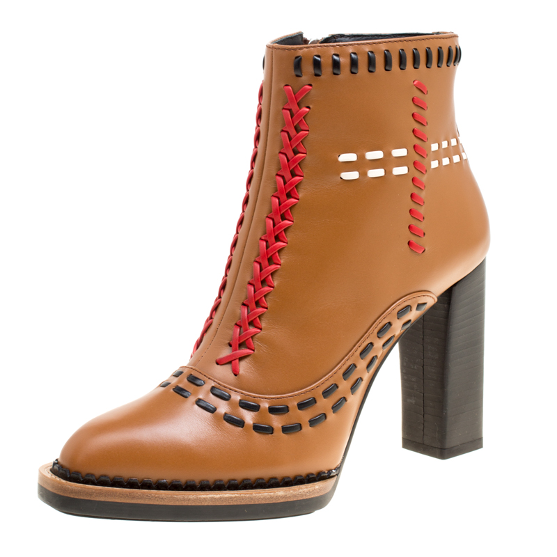 Pre Owned Tod's Brown Leather Gipsy Cross Stitch Detail Block Heel Ankle Boots Size 37.5