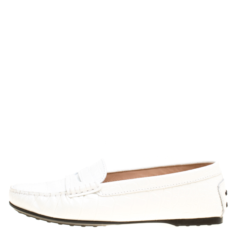 

Tod’s White Croc Embossed Leather Penny Loafers Size