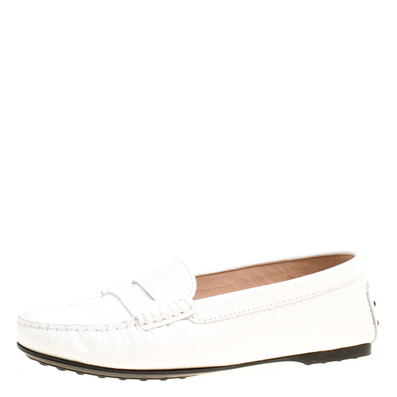 Pre Owned Tod’s White Croc Embossed Leather Penny Loafers Size 37