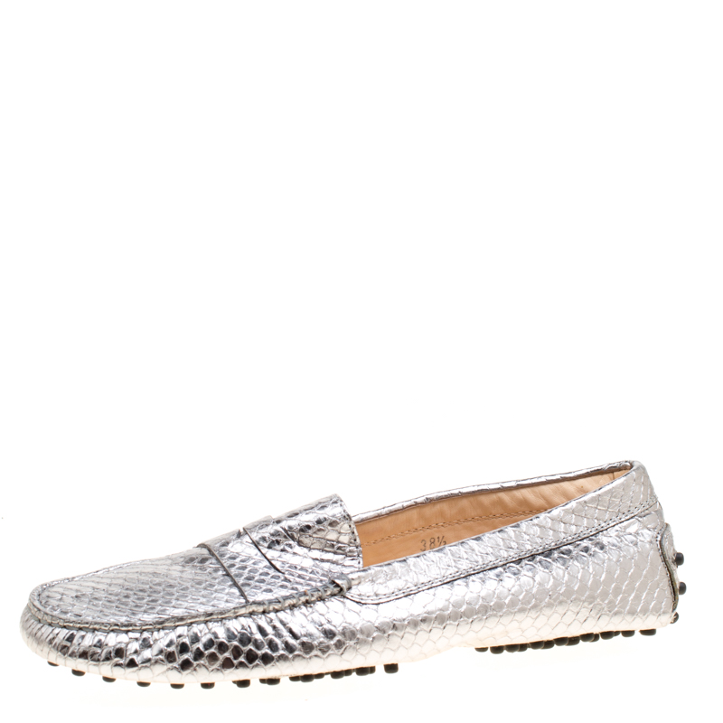Pre Owned Tod's Metallic Silver Embossed Snakeskin Leather Penny Loafers Size 38.5