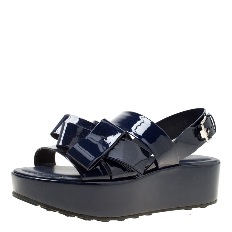 Tod's Navy Blue Patent Leather Slingback Platform Sandals Size 39.5