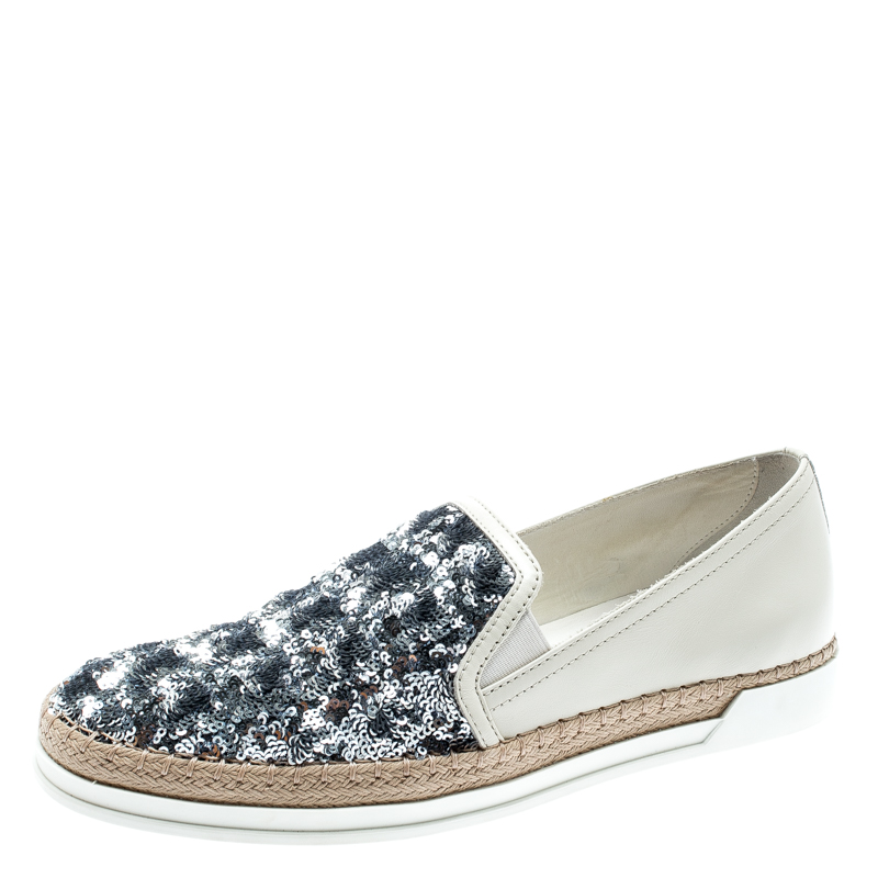 Tod's Cream Leather Sequin Embellished Espadrille Slip On Sneakers Size 37