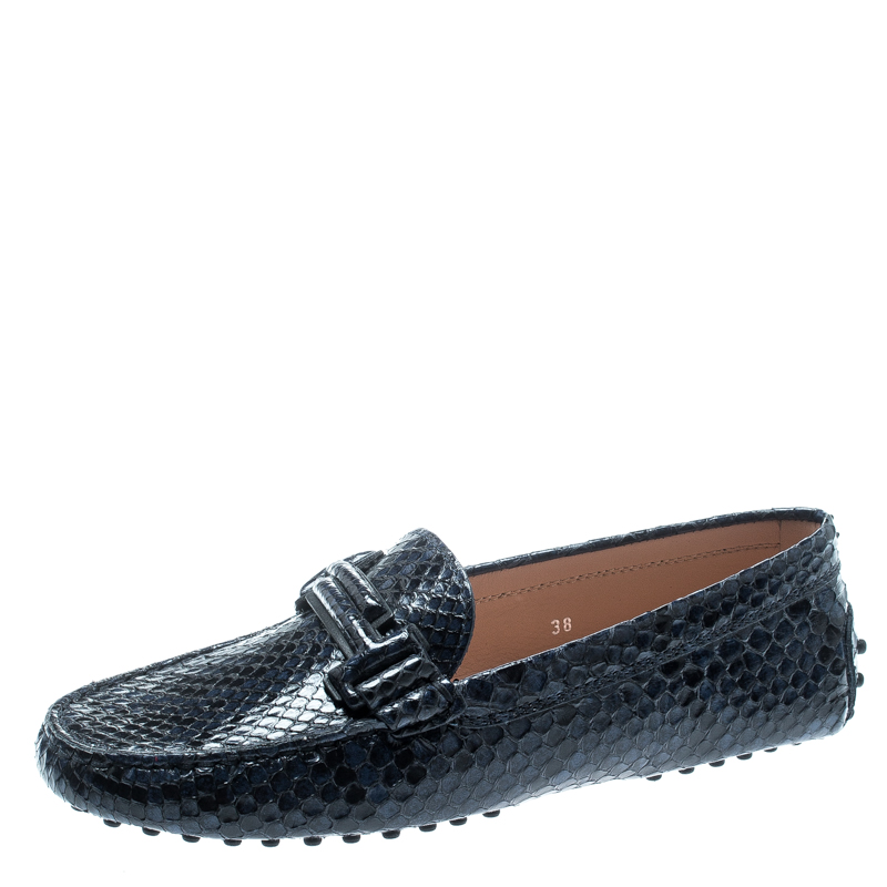 Pre Owned Tod's Blue Python Leather Double T Loafers Size 38
