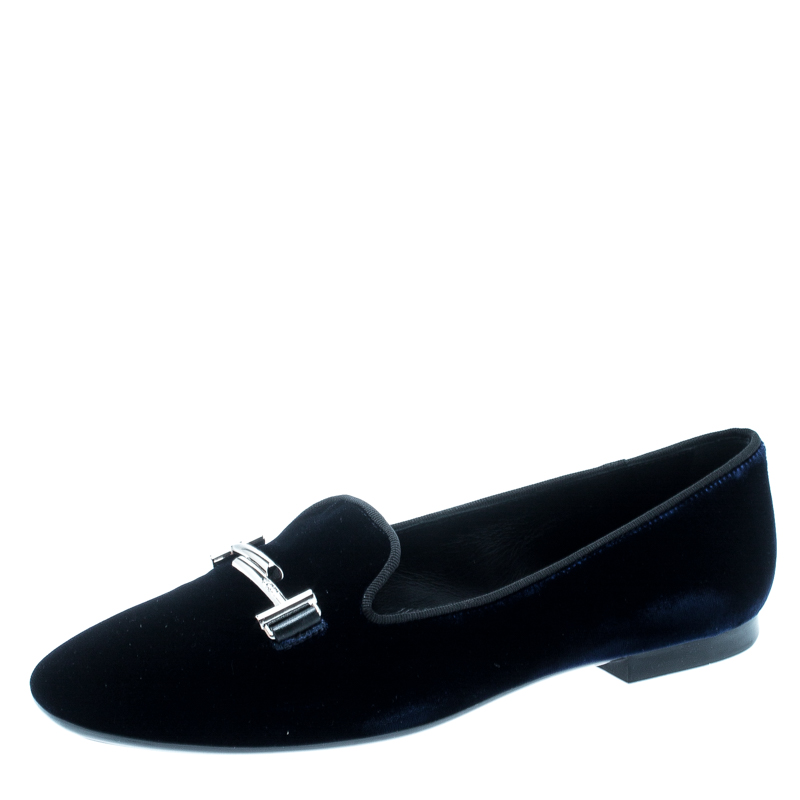 Pre Owned Tod's Indigo Blue Velvet Double T Flats Size 39