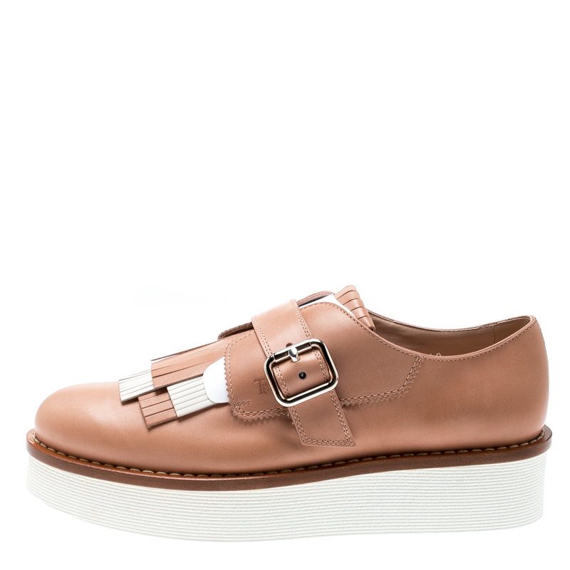 

Tod's Pale Pink And Cream Leather Fringe Detail Platform Loafers Size