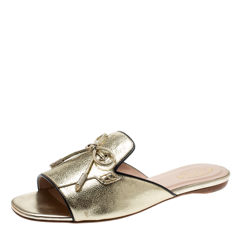 Tod's Limited Edition Metallic Gold Foil Textured Leather Crystal Embellished Bow Detail Flat Slides Size 38