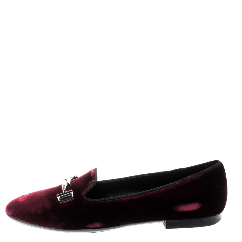 

Tod's Burgundy Velvet Double T Smoking Slippers Size