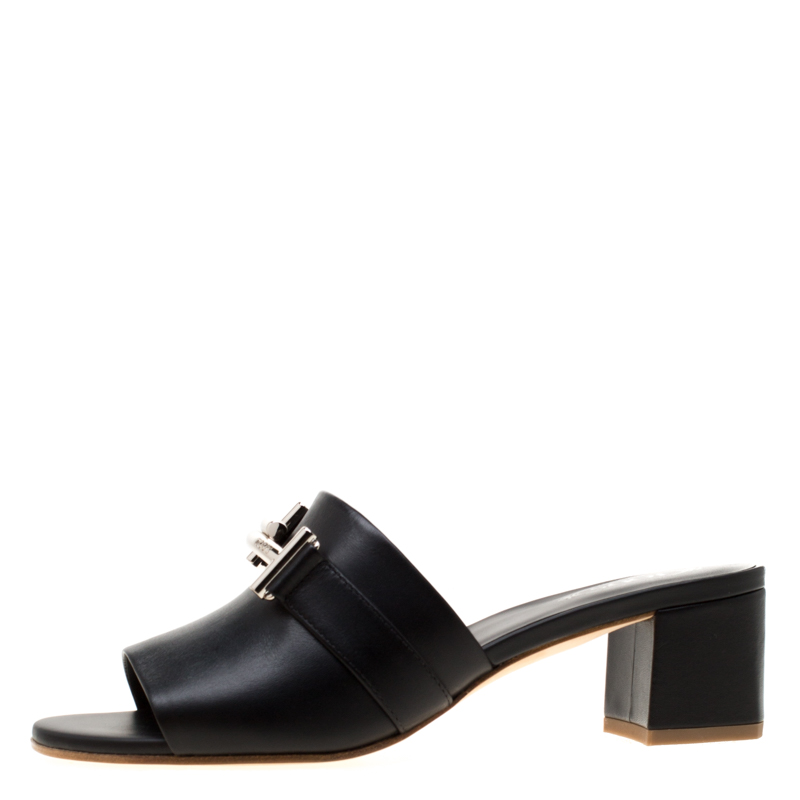 

Tod's Black Leather Double T Peep Toe Mules Size