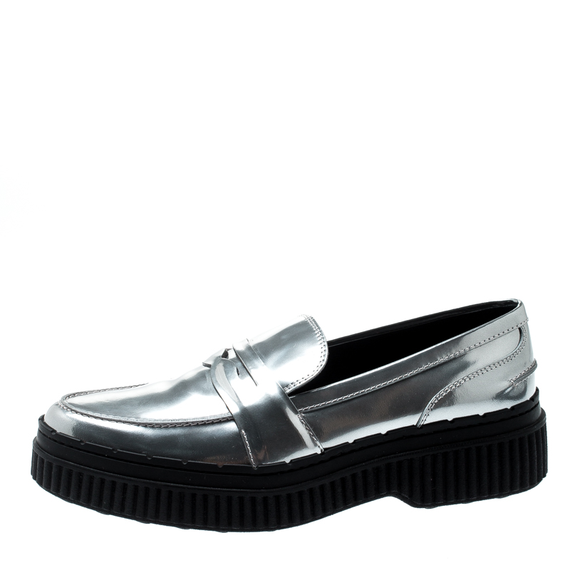 

Tod's Metallic Silver Leather Platform Penny Loafers Size