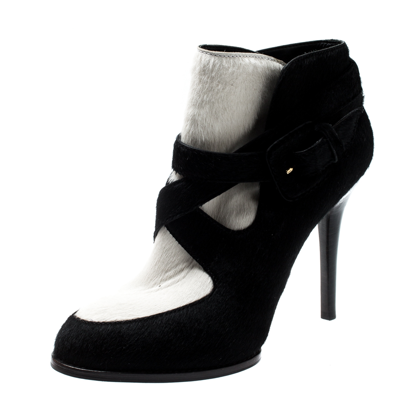 Tod's Monochrome Calf Hair Cross Strap Buckle Detail Ankle Boots Size 37.5