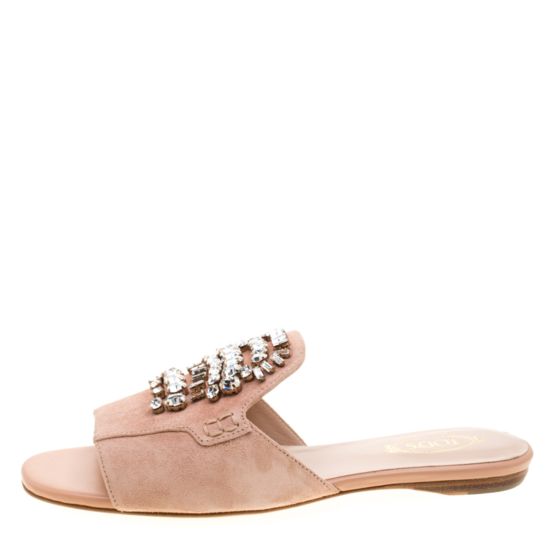 

Tod's Limited Edition Pale Pink Suede Crystal Embellished Peep Toe Flat Slides Size