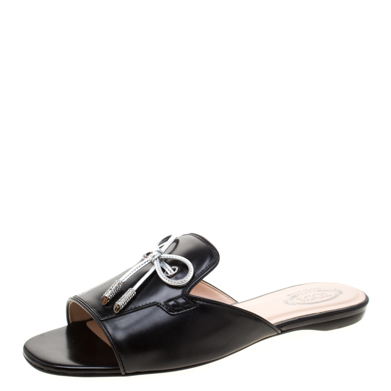 Pre Owned Tod's Limited Edition Black Leather Crystal Embellished Bow Peep Toe Flat Slides Size 37.5